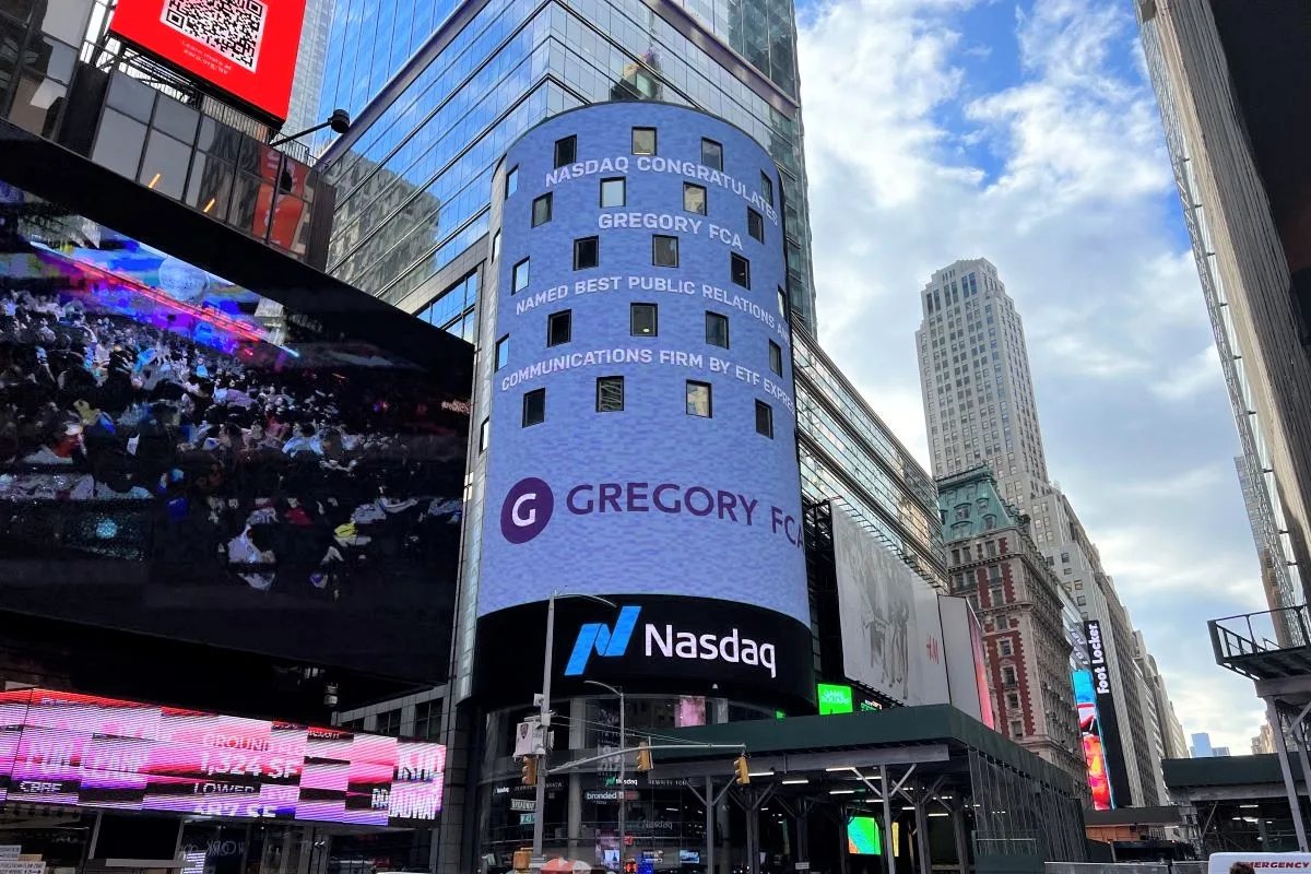 GFCA-ETF Express-Nasdaq Banner (SE-PR-C-1-23-23) Gregory FCA ETF Express Times Square Nasdaq best public relations and communications firm award