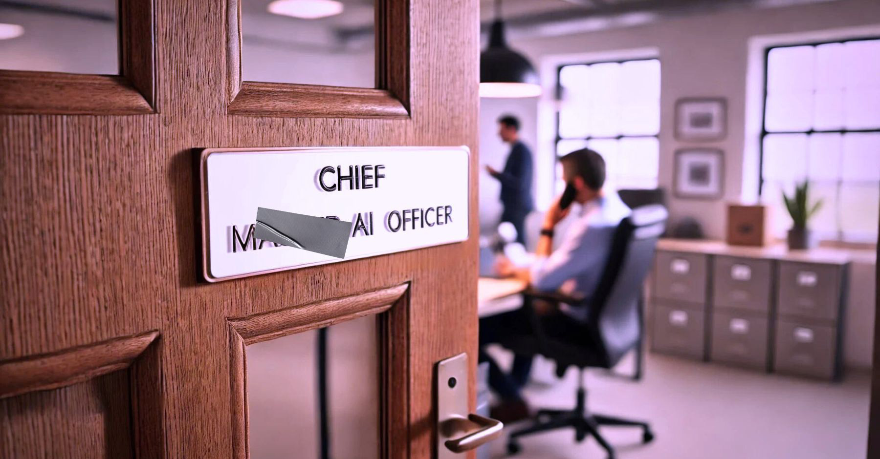GFCA site image – 1 A picture in the office with someone on the phone that has a nameplate on the Chief AI Officer with Marketing crossed out