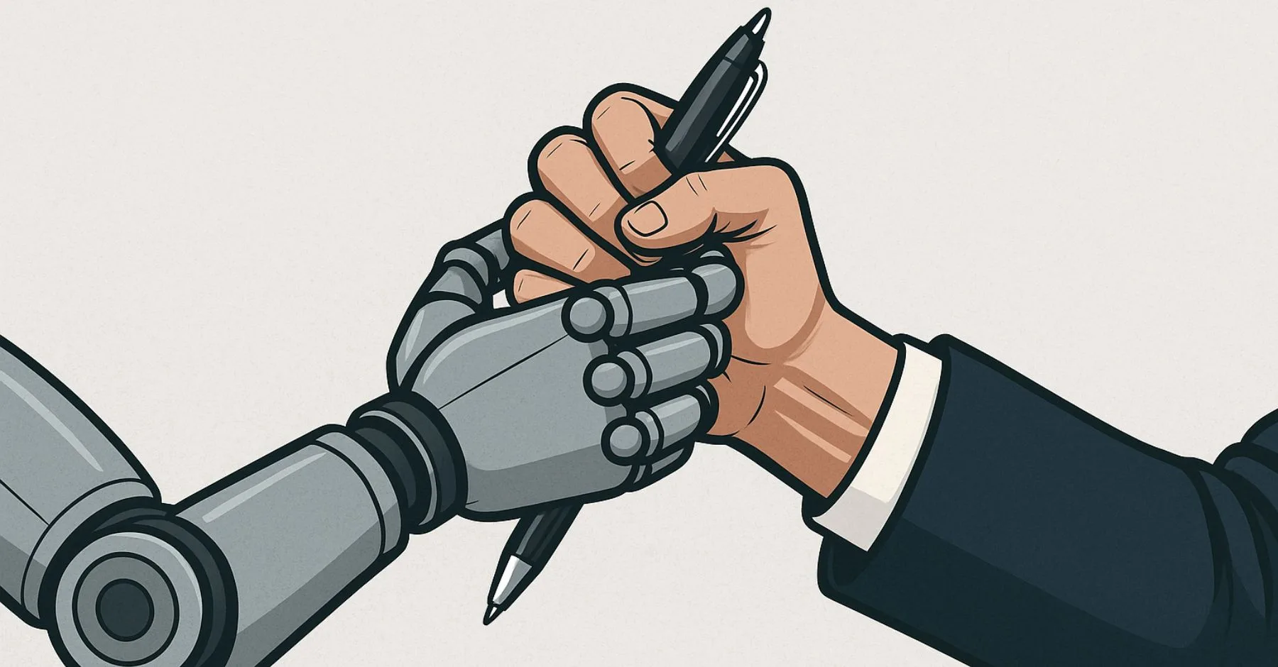 How to Make Your Communications Stand Out Among AI-Generated Content Robot hand and home hand in arm wrestling position with a pen