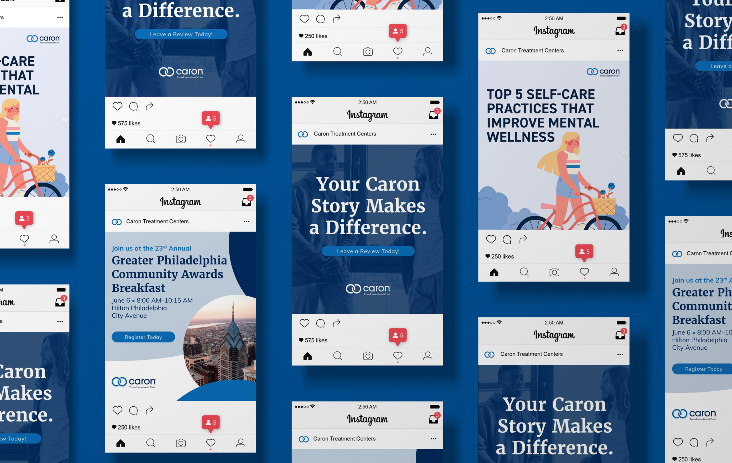 Examples of social media work Gregory did for Caron Treatment Centers