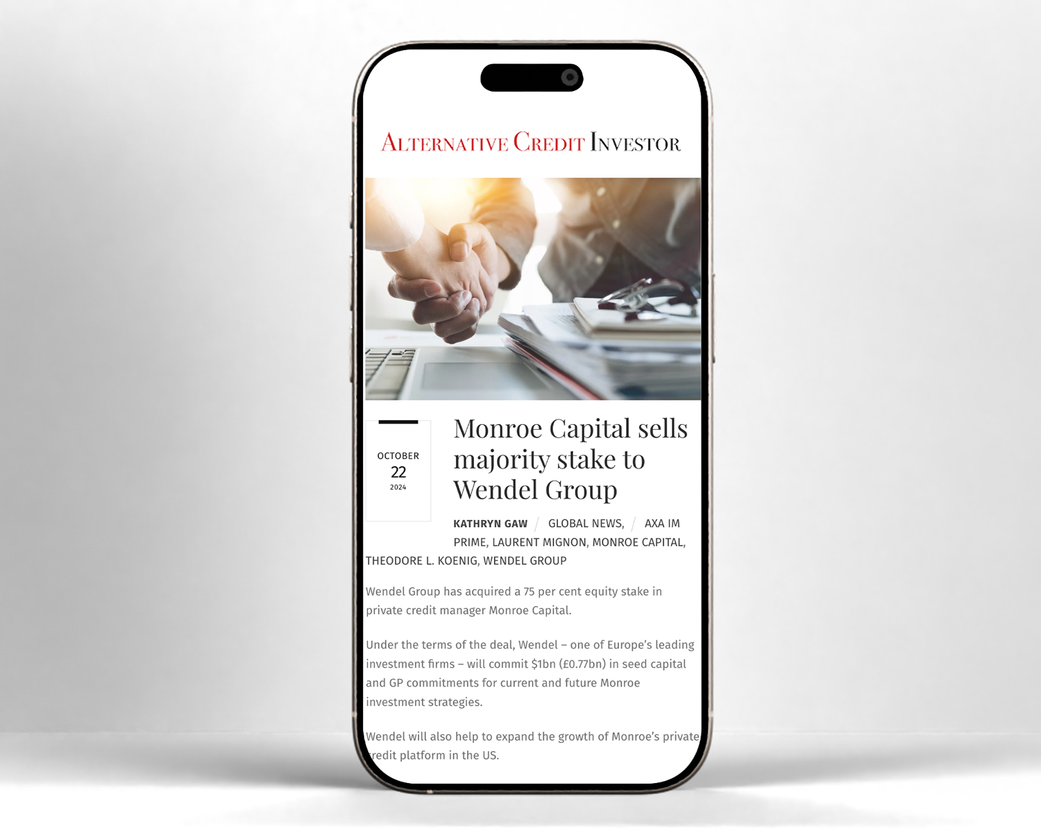 Example of media coverage from Alternative Credit Investor that Gregory worked on for Monroe Capital