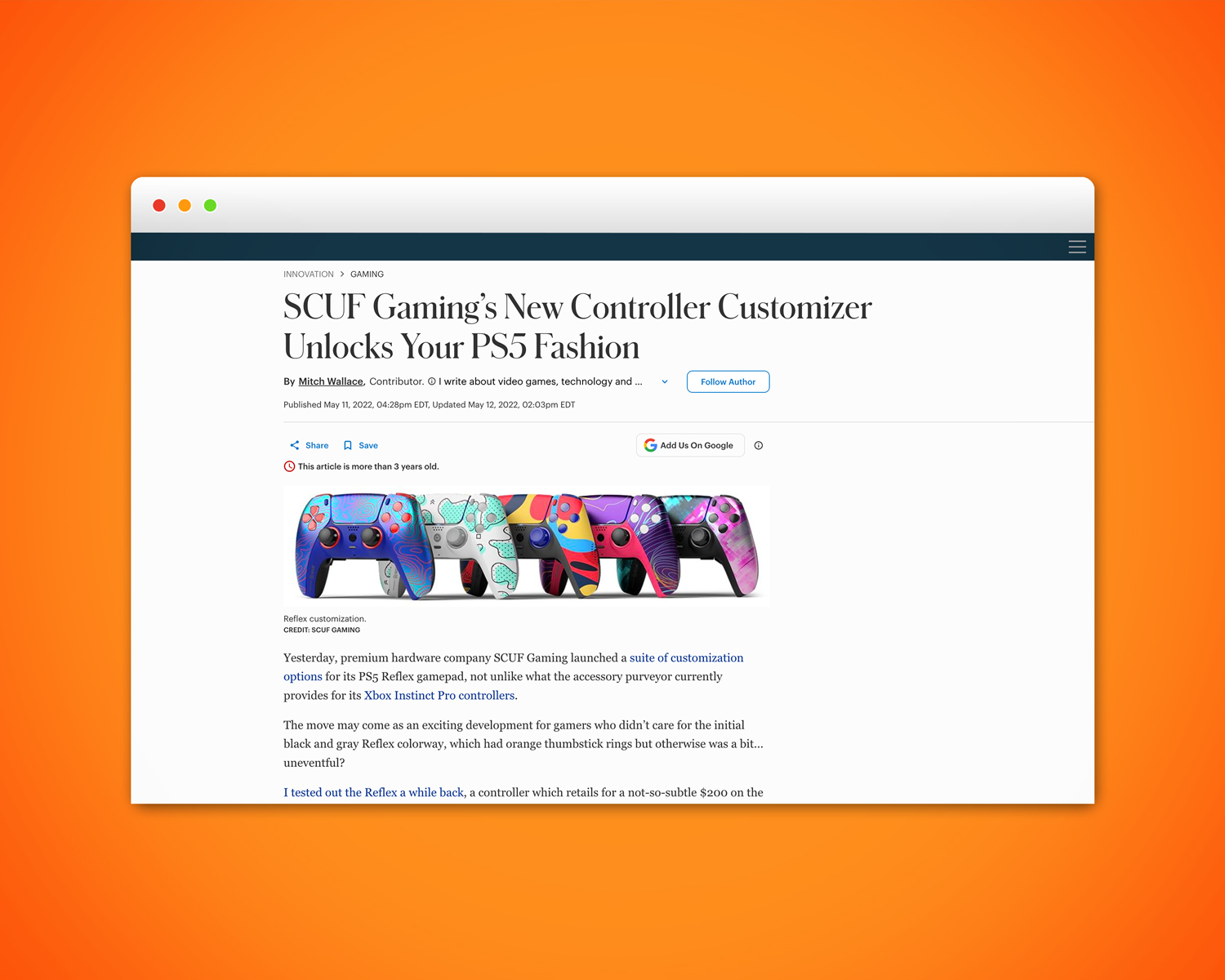 Media coverage example that Gregory obtained for SCUF Gaming