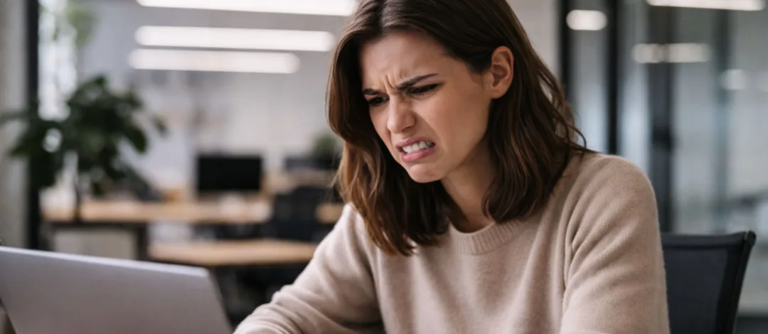 How to Get AI to Sound Right Woman in an office makes a frustrated expression while looking at a laptop screen.