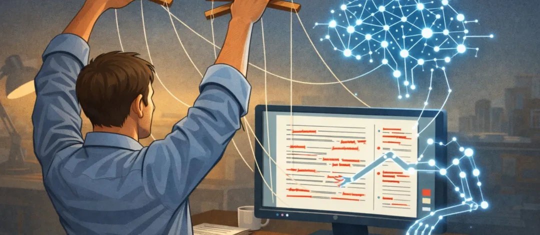 How AI can be better at editing than writing Illustration of a writer controlling AI editing like a puppet, with a digital figure revising copy on a computer screen.