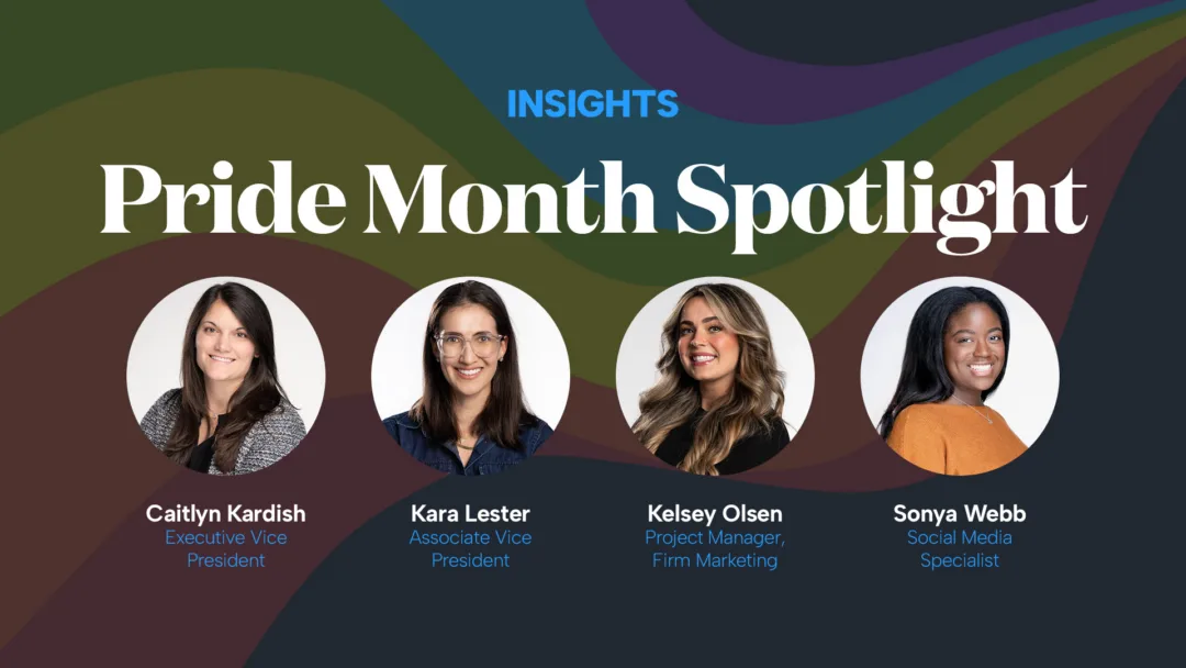 Four Gregory Agency employees share thoughts on LGBTQIA+ allyship in a Pride Month spotlight graphic.