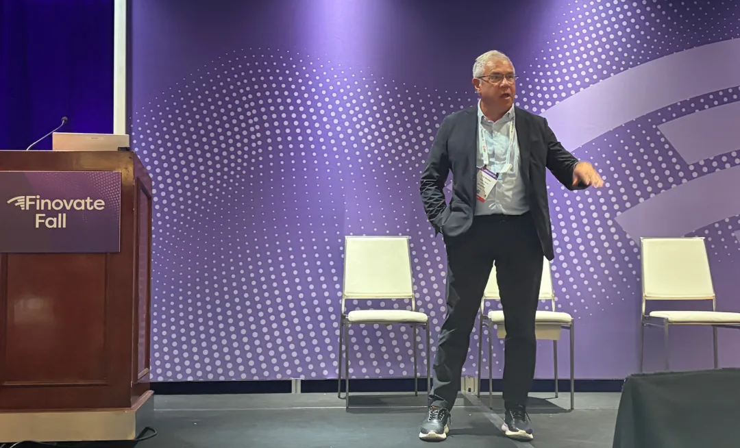 AI Search Takes Over the Fintech Buying Journey at FinovateFall 2026 Greg Matusky speaks at the FinovateFall 2026 podium, sharing Gregory's findings on AI search's role in fintech buying decisions.