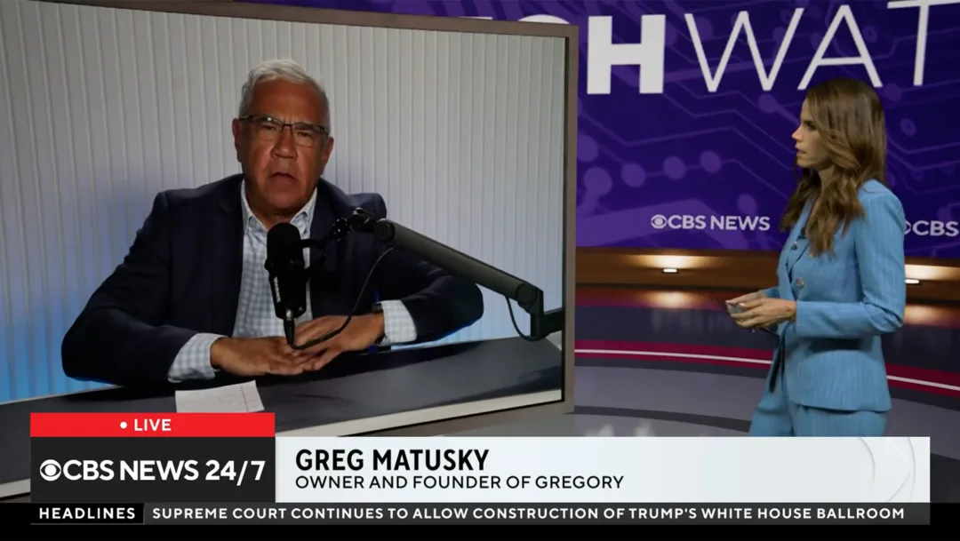CBS News 24/7 anchor interviews Gregory Founder and CEO Greg Matusky remotely about public trust and education around AI data centers.