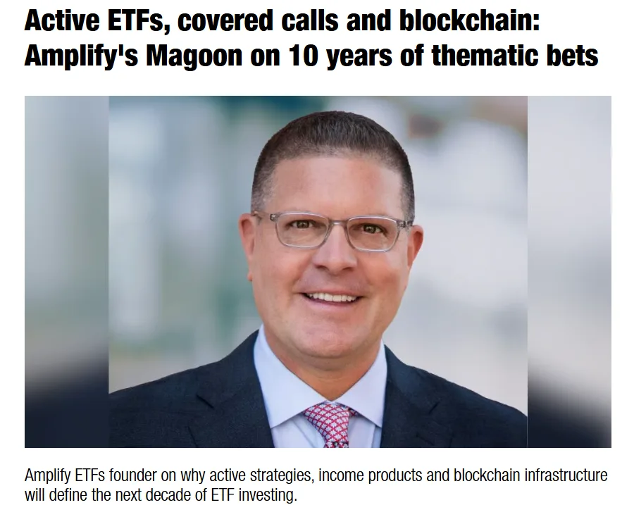 ETF Marketing Memo_September 3 InvestmentNews-style coverage of Amplify ETFs founder Christian Magoon marking the firm's 10-year anniversary, secured through Gregory's summer media outreach.