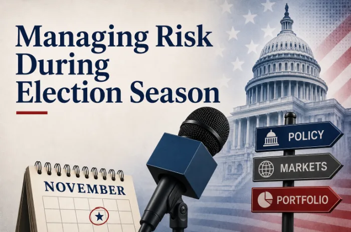 Managing Risk During Election Season ): A November calendar, U.S. Capitol dome, microphone, and POLICY/MARKETS/PORTFOLIO signposts illustrate this issue's guide to managing election-season media risk.